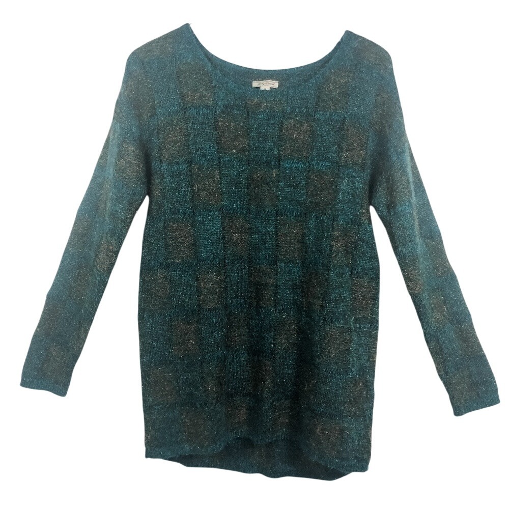 Lucky‎ Brand Teal Blue Gold Checkered Knit Textured Pullover Sweater